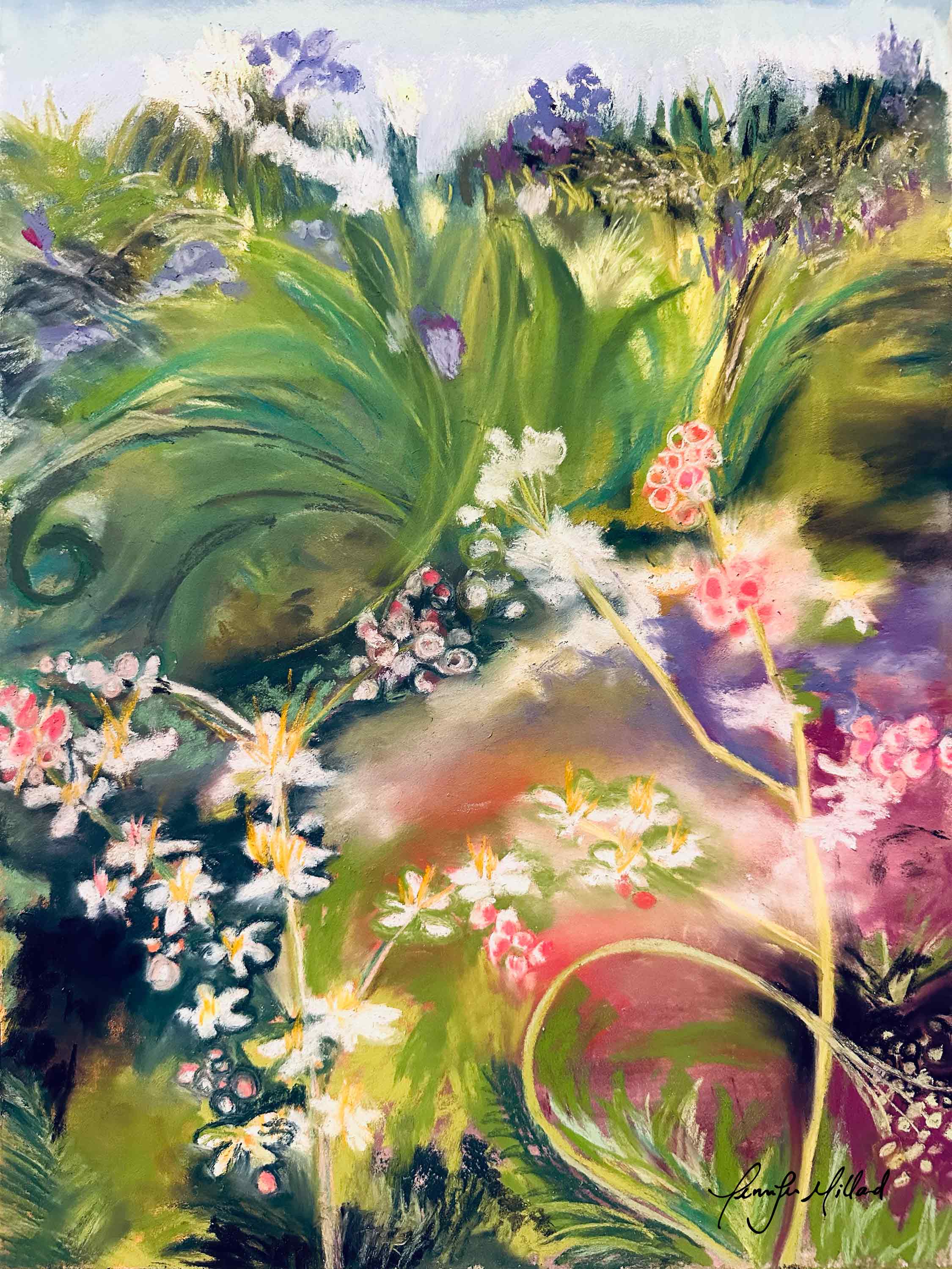 This soft pastel piece depicts a mess of vibrant greens, purples, pinks and white flowers in spring time.