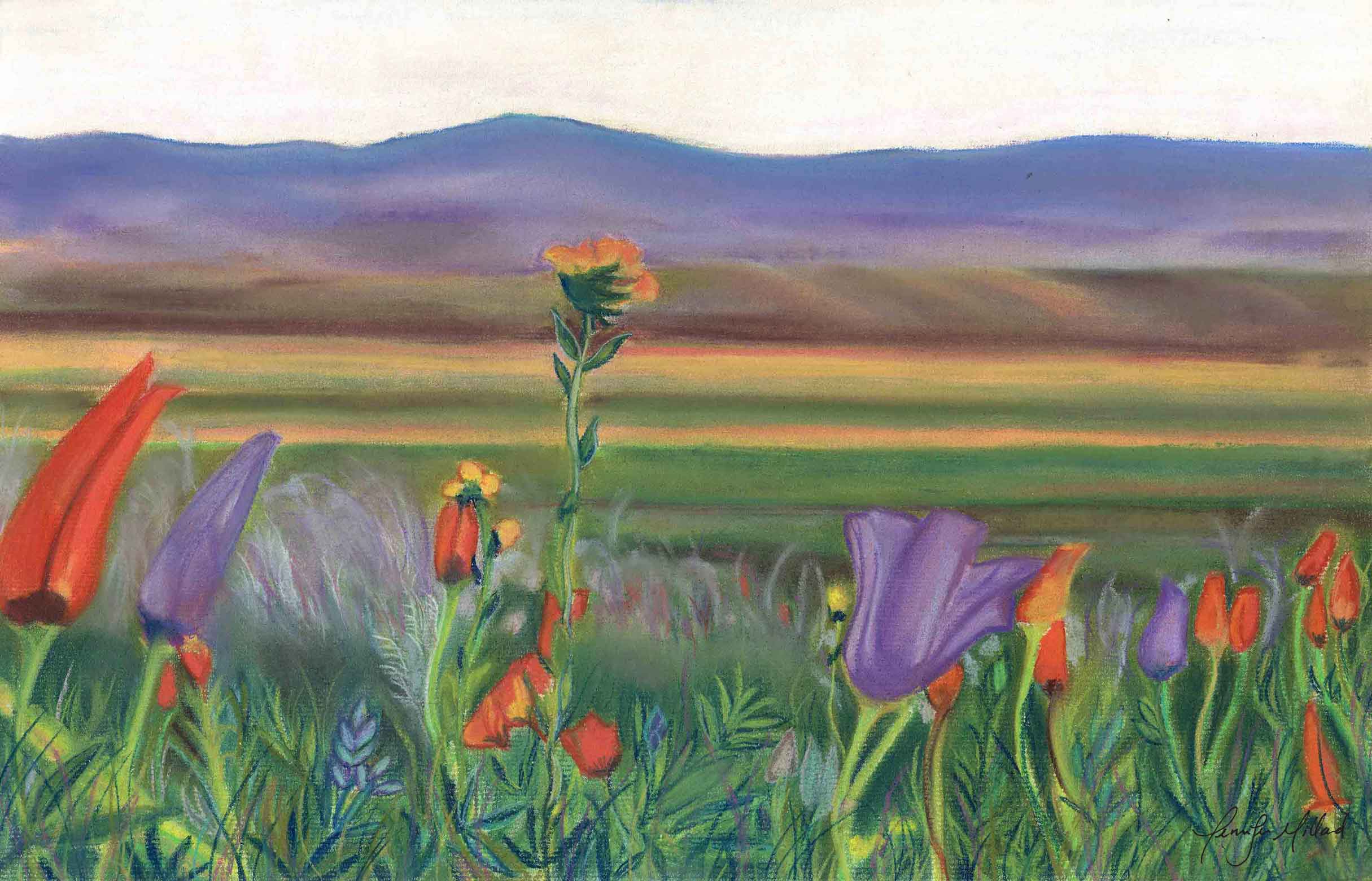 A giclee print of brightly colored orange and purple poppies in the a green, purple and yellow desert landscape.