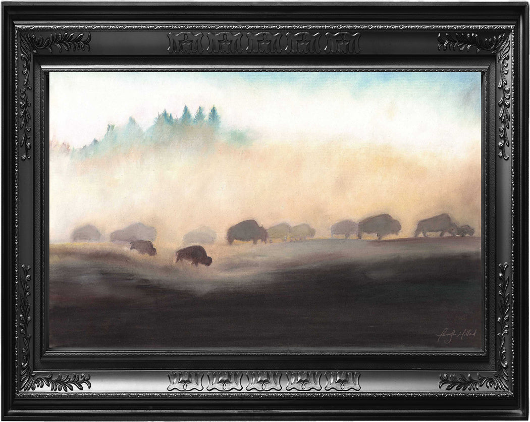 Bison moving through dusty plains, framed by an ornate black frame.