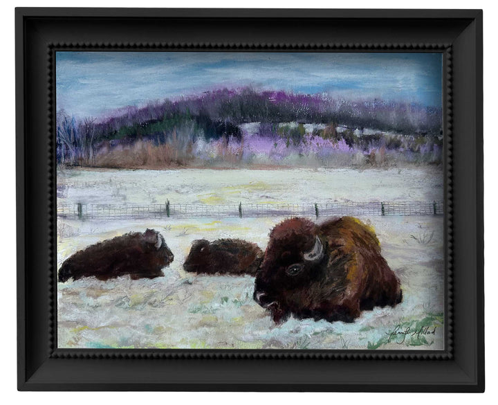 A print of a soft pastel with purples, yellows, white and brown bison resting at Big Bone Lick State Park.