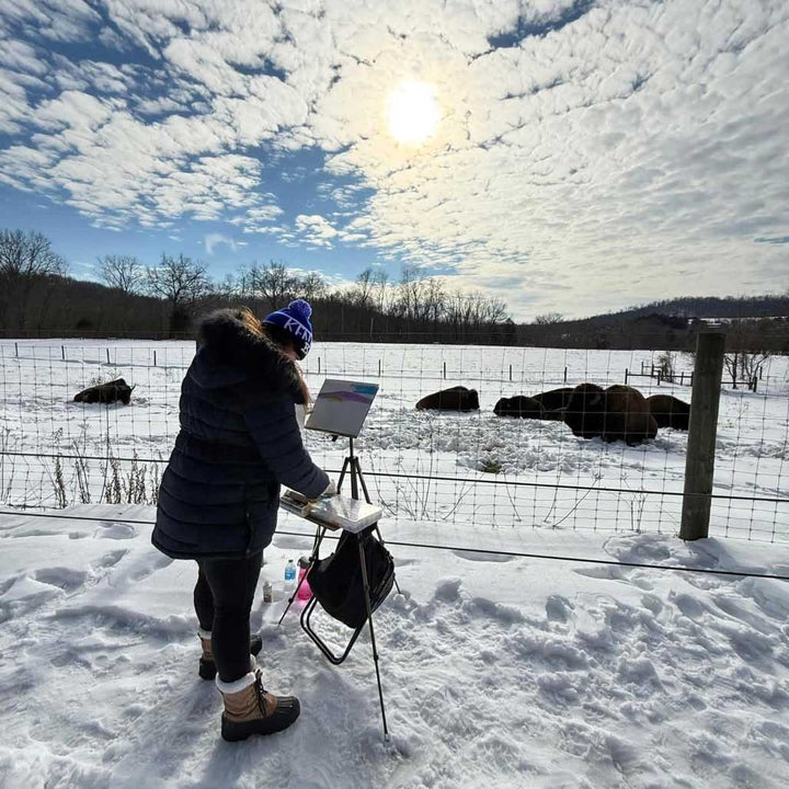 Artist Jennifer Millard selects soft pastels to use while painting the bison on a cold snowy day in January at Big Bone Lick State Park in northern Kentucky.