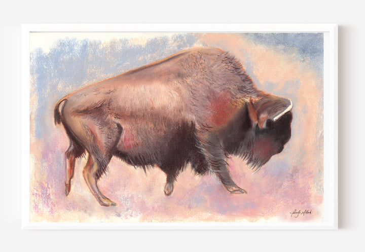 An example of what this print of a lone buffalo looks like with a white frame around it.