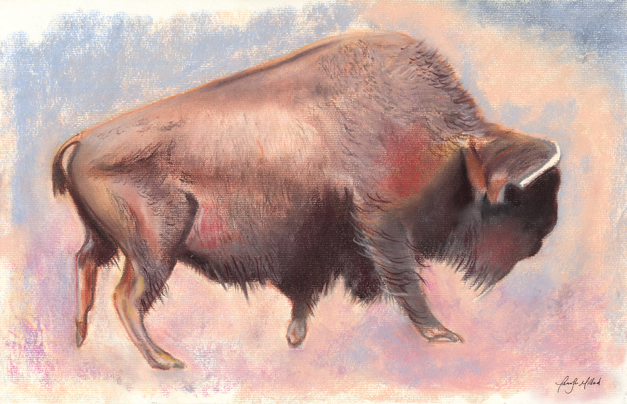 This fine art print of a soft pastel painting depicts the side view of an ancient bison in pastel blue, pinks and dark browns.