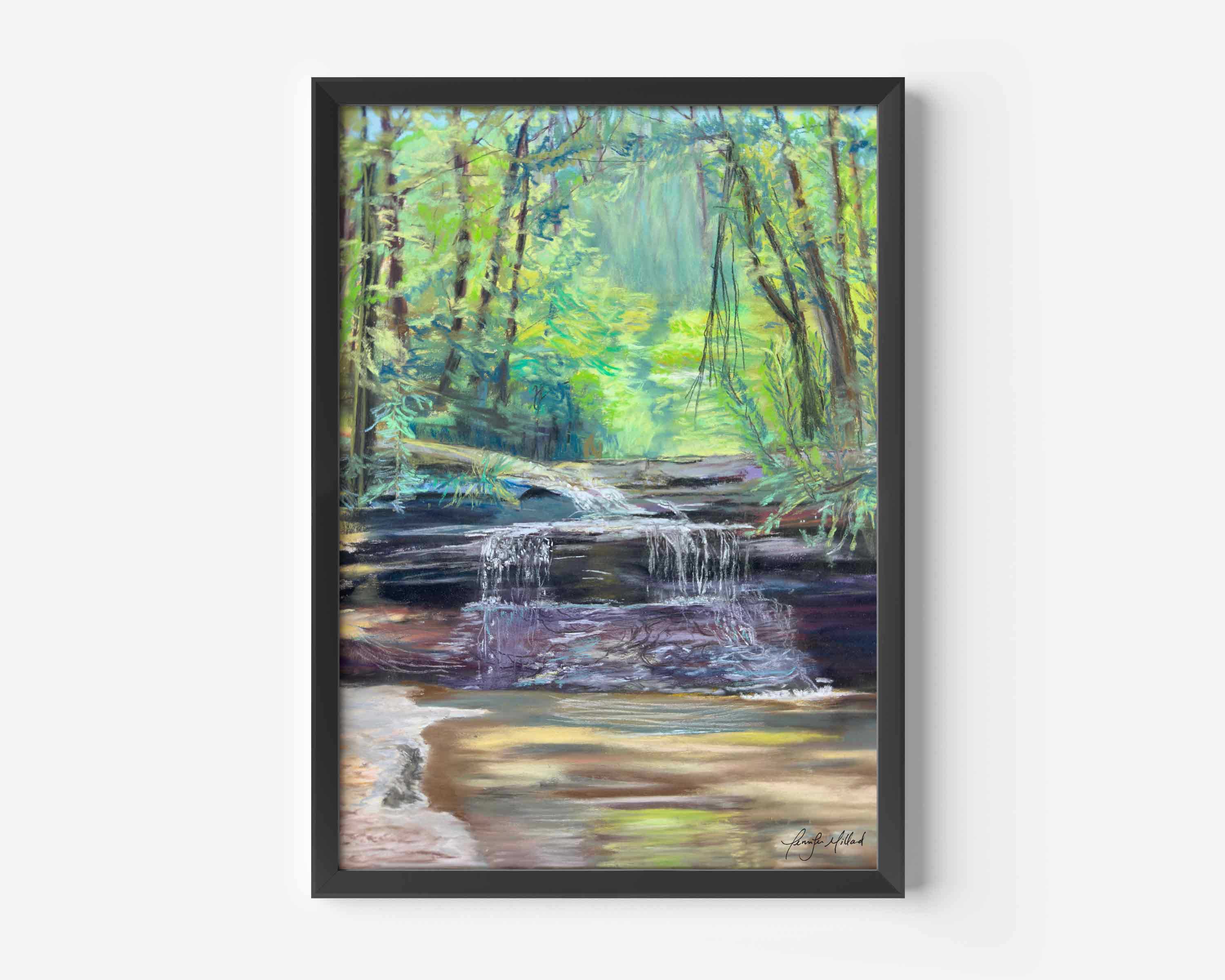 A giclee print of "Creation Falls" painted in vivid greens, purples and browns in a black frame.