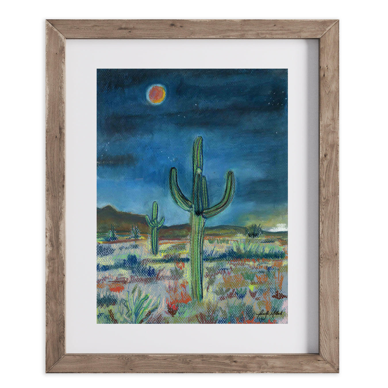 Artist Jennifer Millard painted this soft pastel right after dusk when the desert was becoming dark and a blood red moon was rising. This is a print of it in a wood frame with a white mat.