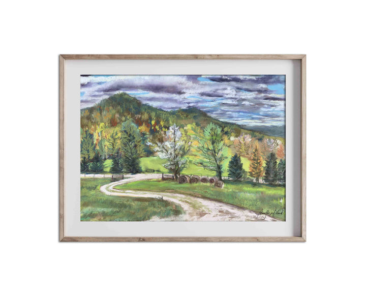 The hills of Kentucky are full of color in the fall, like this soft pastel painting of Gravel Switch, Kentucky.