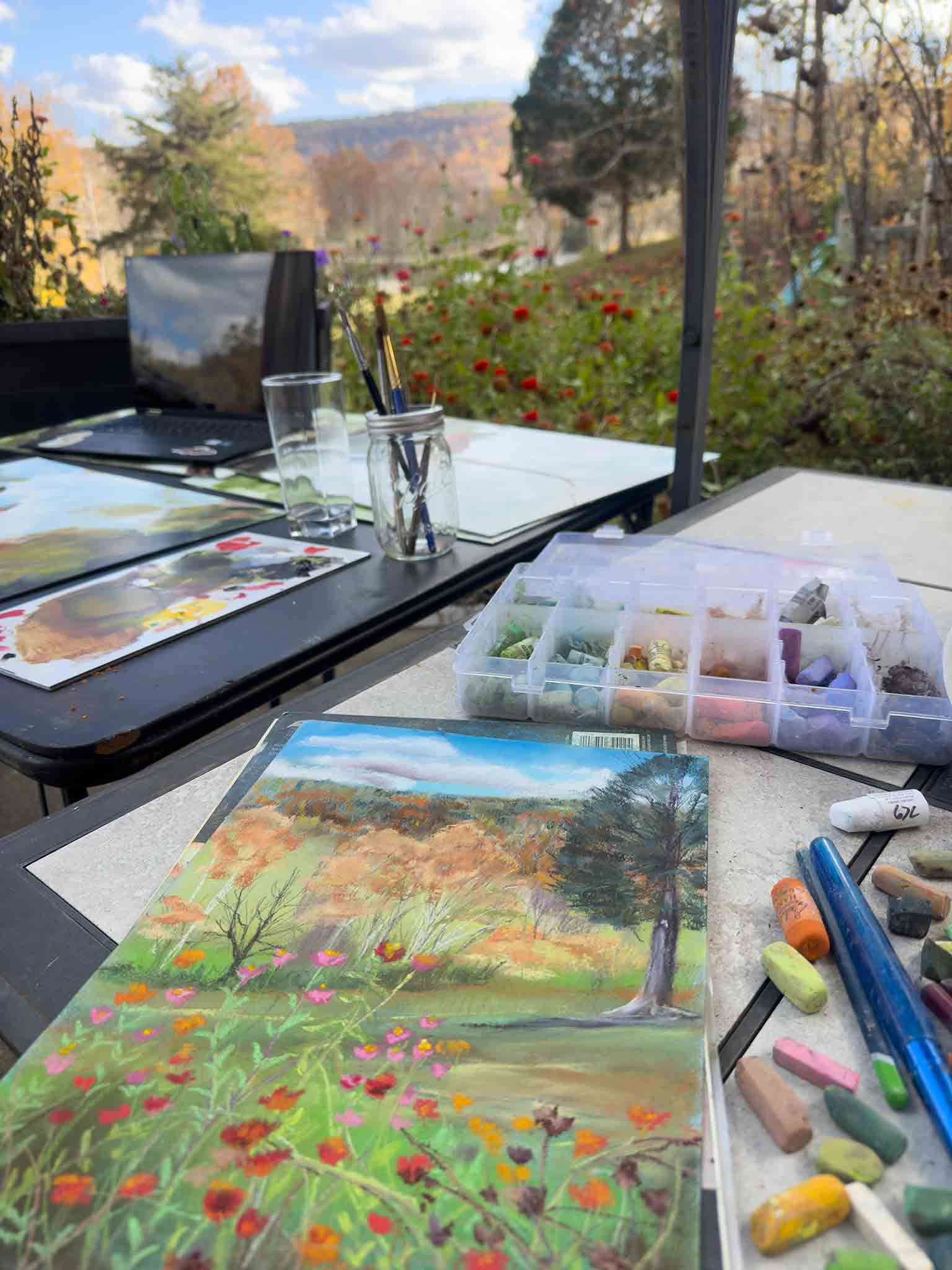 This was the original soft pastel painting of a view of colorful flowers in the early fall in Kentucky.