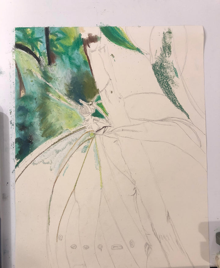 A photo of the progress of this soft pastel painting, showing the start of the piece with the background green colors.