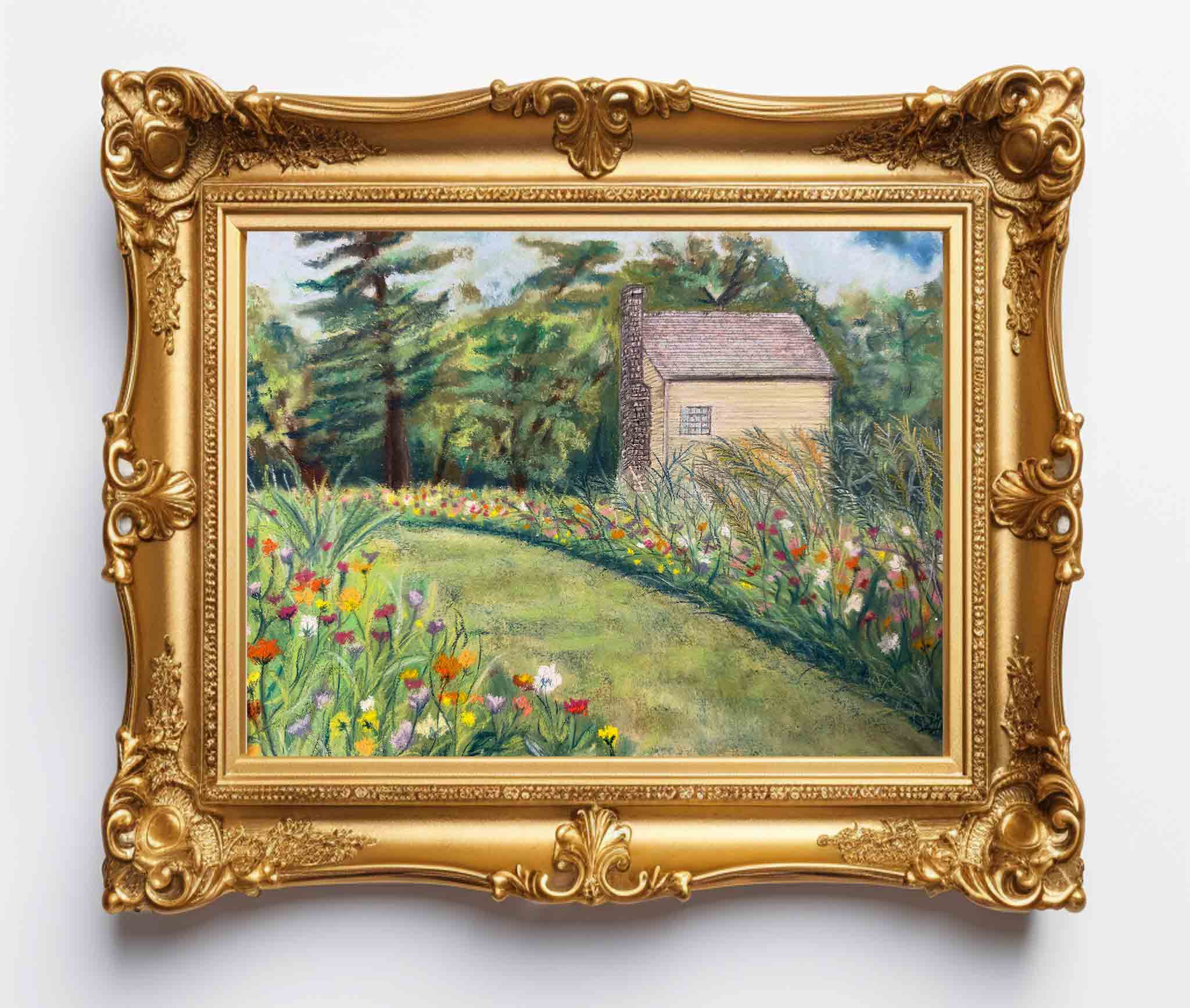 Soft pastel painting of a 250 year-old flower garden and building at Shaker Village in a gold frame.