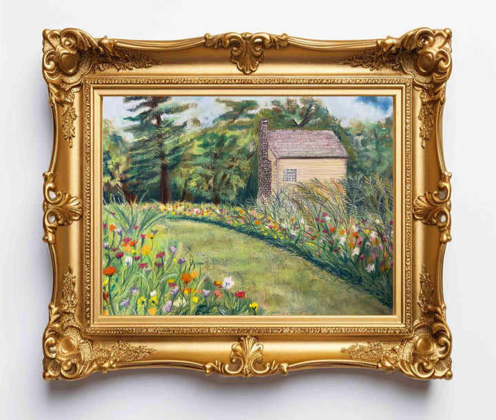 Soft pastel painting of a 250 year-old flower garden and building at Shaker Village in a gold frame.