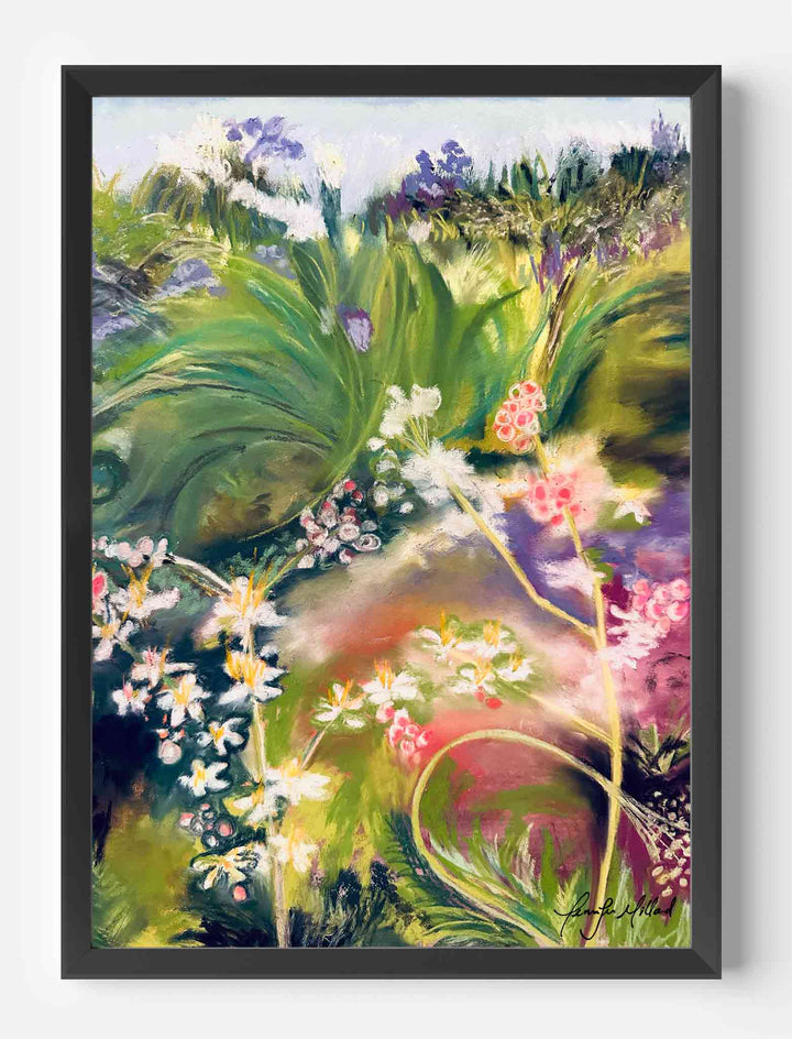 Bright white spring flowers adorn a brightly colored garden in this abstract pastel.