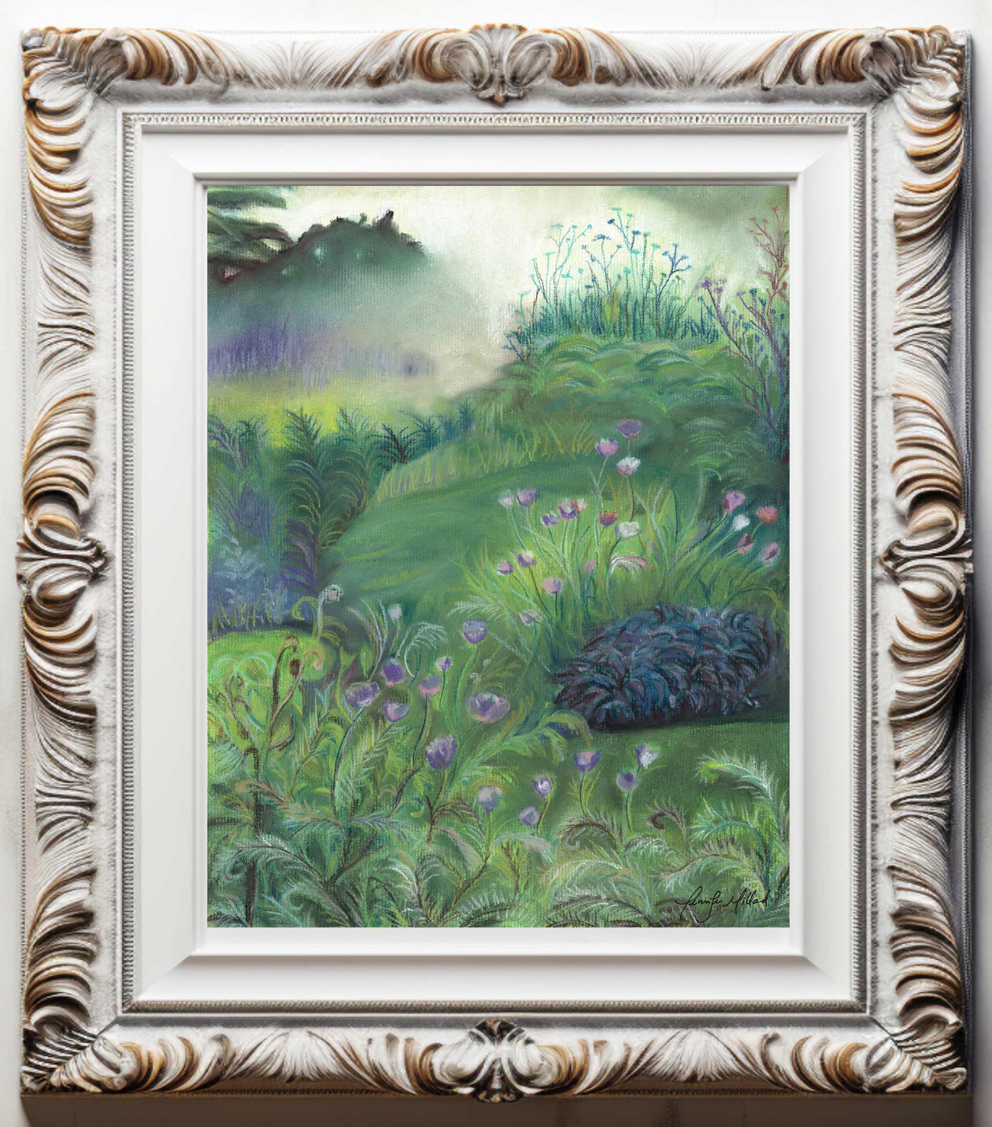 Soft pastel giclee print of a lush green garden with florals and mist in an ornate white frame.
