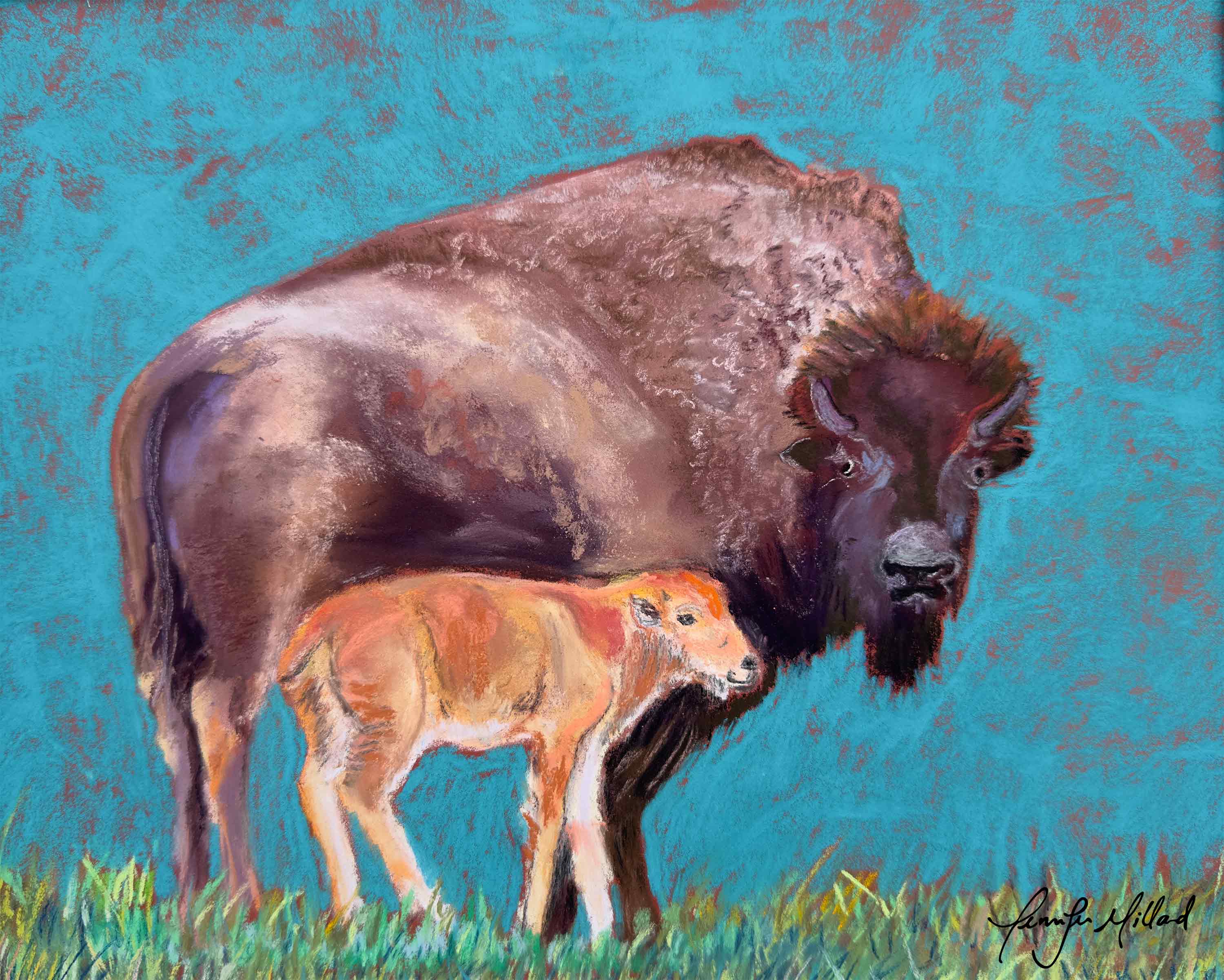 This soft pastel by artist Jennifer Millard is of Henrietta and her calf, Clover from Big Bone Lick State Park in northern Kentucky.