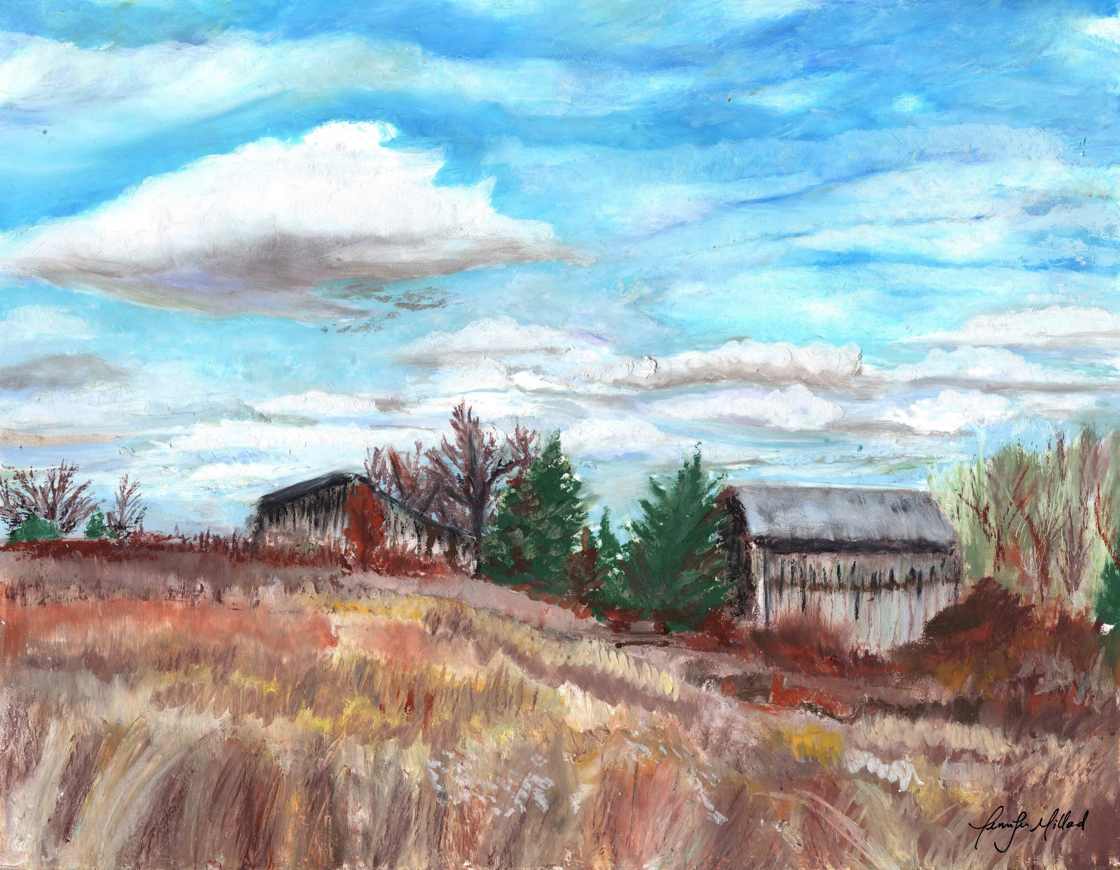 An oil pastel painting of the field at the bottom of Lily Mountain in Estill County, Kentucky. Dried grasses sway in the wind around two old barns.