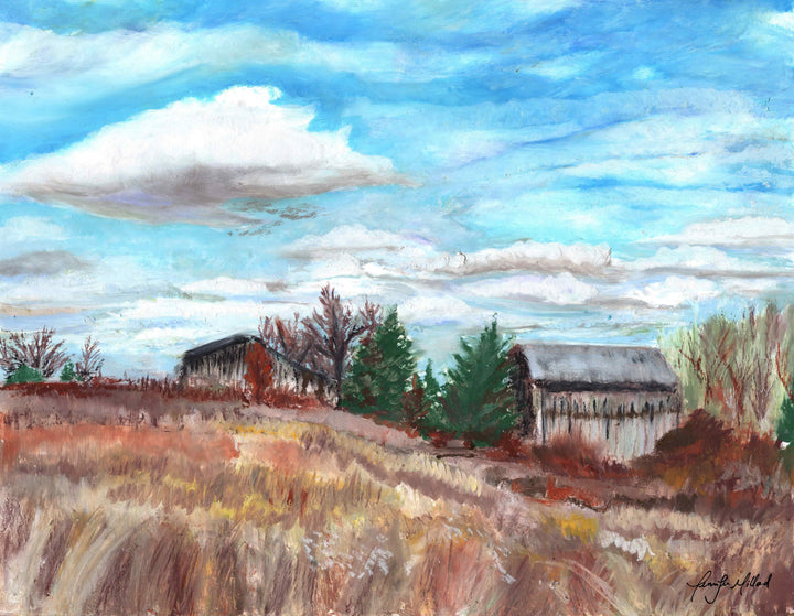 An oil pastel painting of the field at the bottom of Lily Mountain in Estill County, Kentucky. Dried grasses sway in the wind around two old barns.