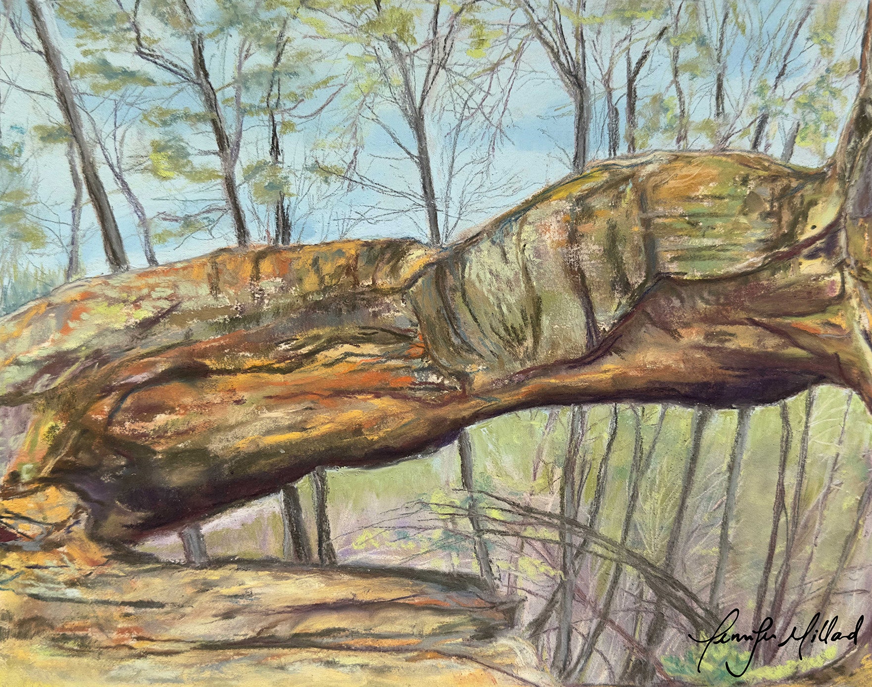 A painting of Princess Arch in Red River Gorge, Kentucky by artist Jennifer Millard. This delicate arch is made up of bronzes, oranges and greens.