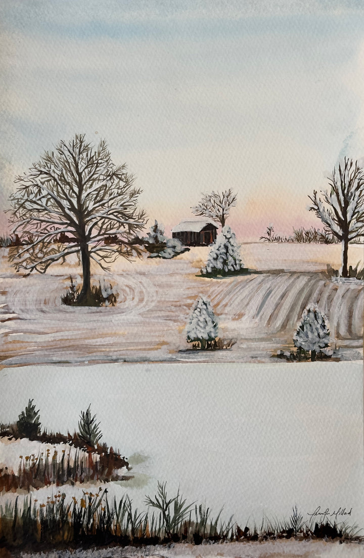 A giclee print of a pastel blue, pink and white watercolor of a farm in eastern Kentucky after the first light winter dusting of snow.