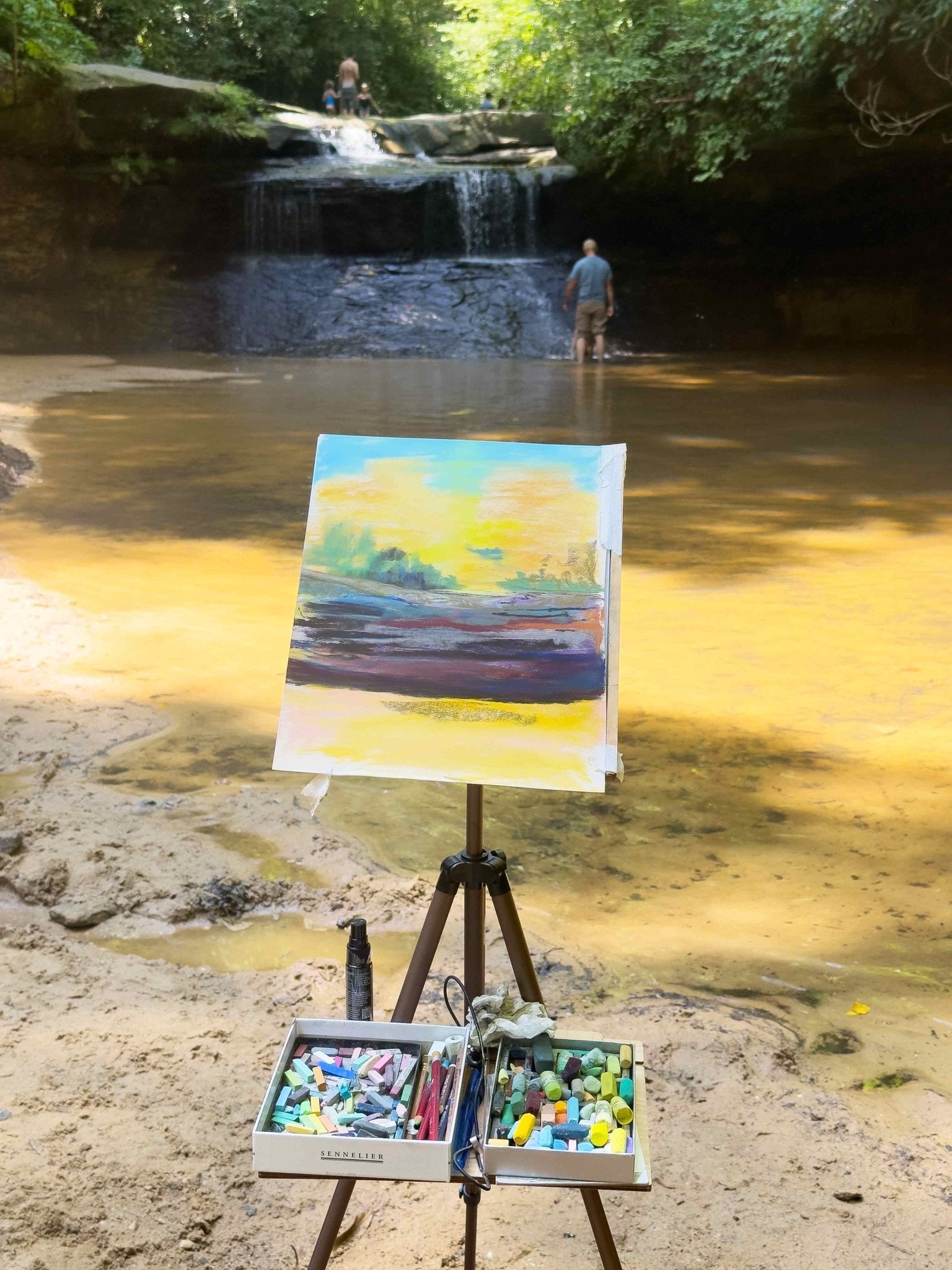 The start of the painting, "Creation Falls" by Jennifer Millard.