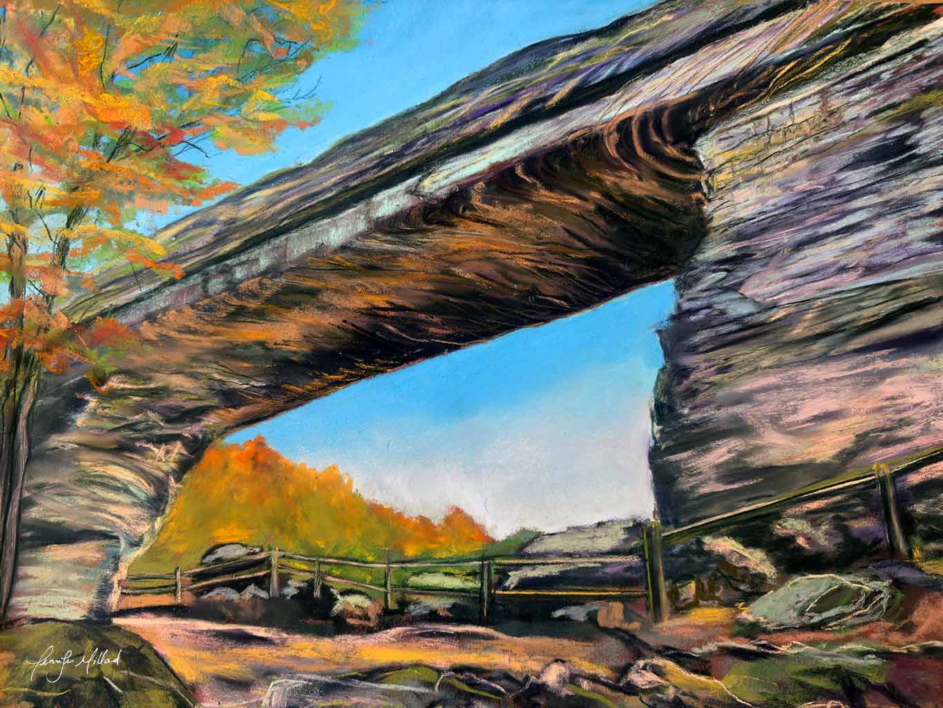 This colorful soft pastel painting depicts Natural Bridge near Slade, Kentucky in the Fall.
