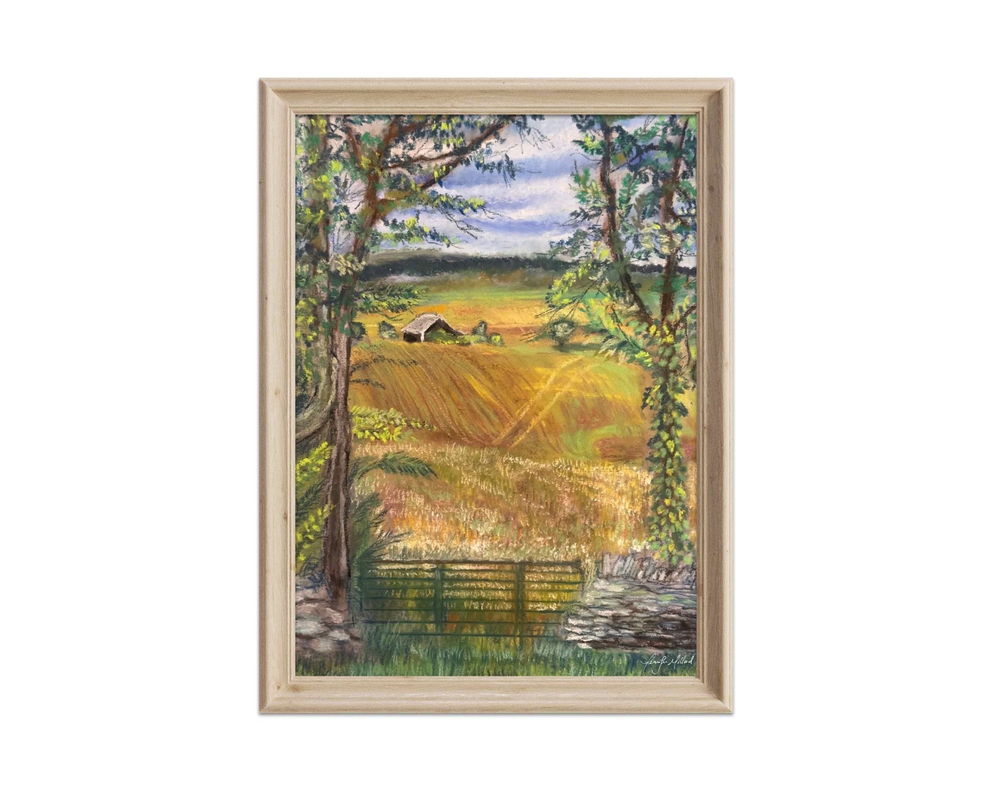 An example of this golden farmland print in a natural wood frame.