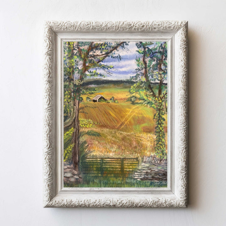 Kentucky farmland fine art print in a white frame.