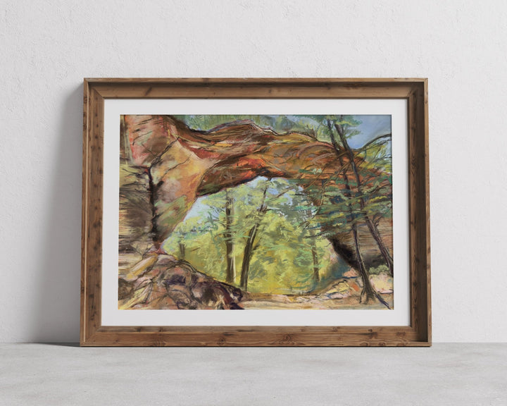 Photo of Gray's Arch in Red River Gorge, Kentucky soft pastel print in a natural wood frame with white mat.