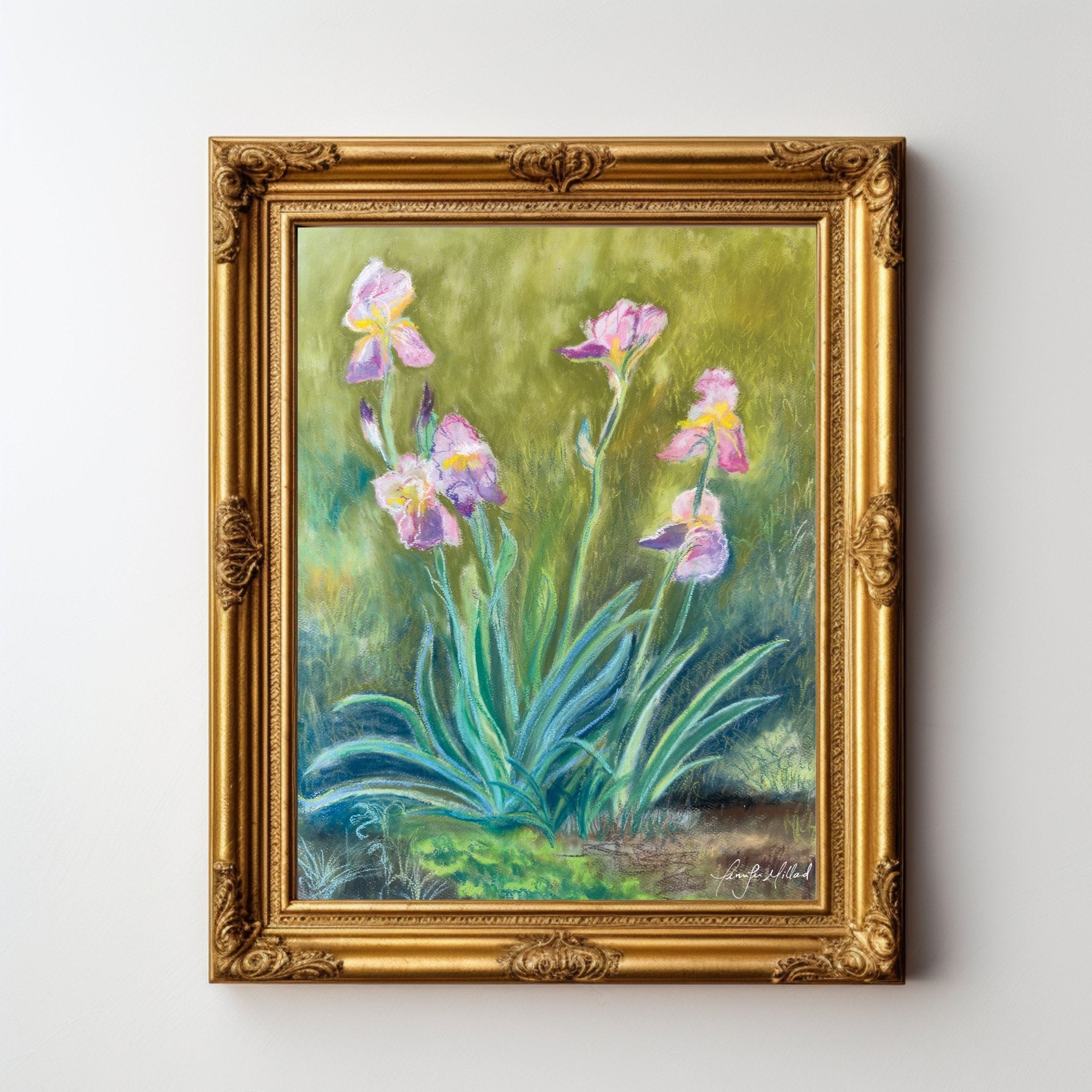 The irises giclee print framed in an ornate gold frame.