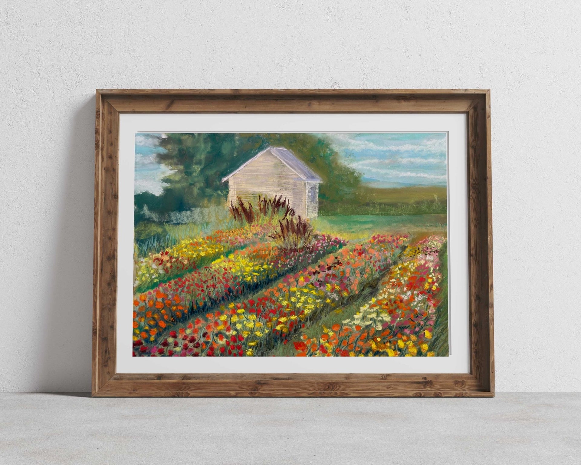 The colorful "Kentucky Flower Farm" giclee print in a wood frame with a white mat.