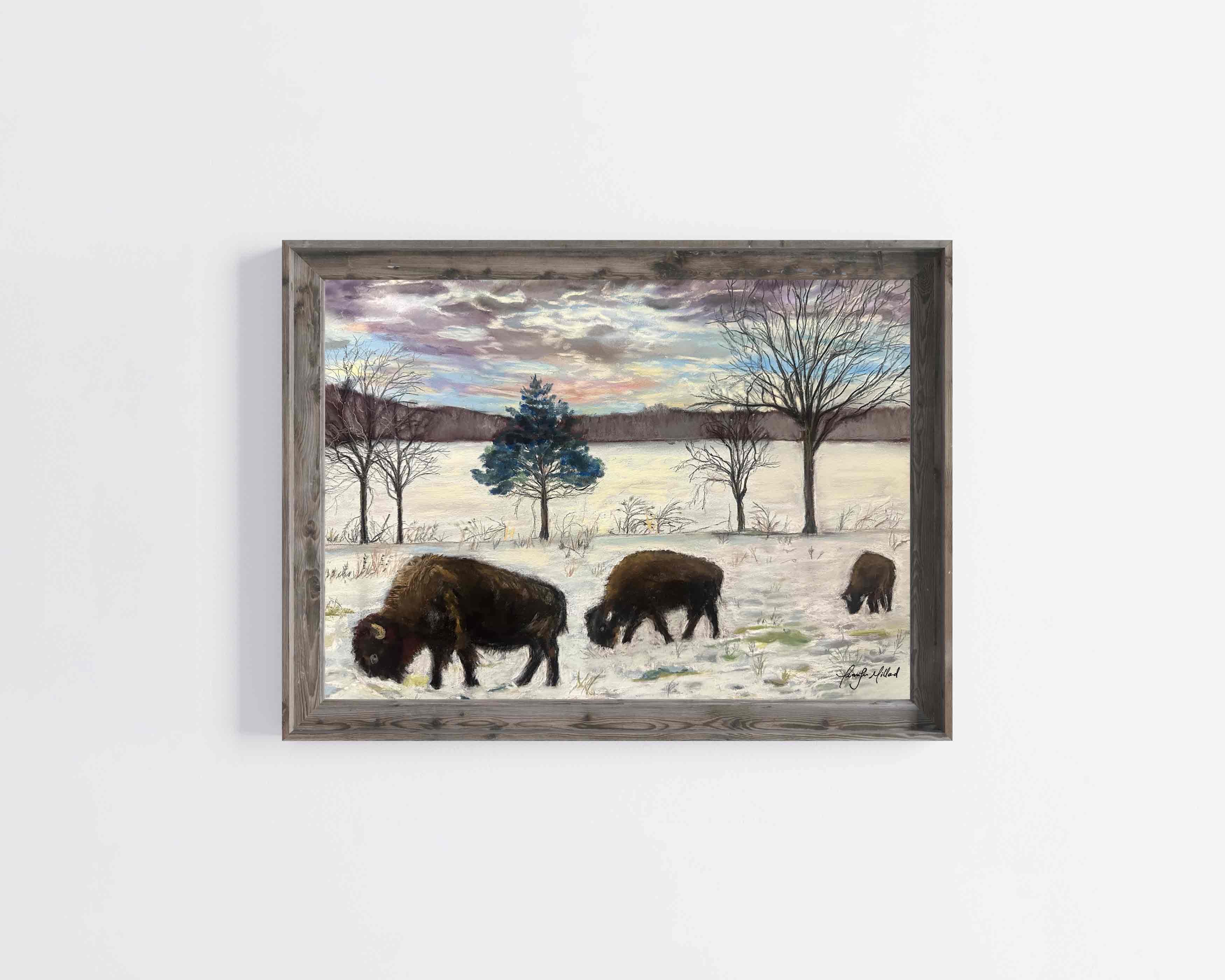 A light gray frame sits around a soft pastel of bison walking and eating in a field covered in snow.