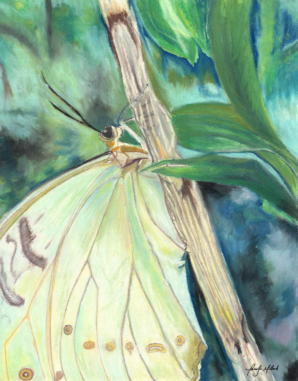 A soft pastel print of a yellow green butterfly resting on a branch with a colorful green backdrop.