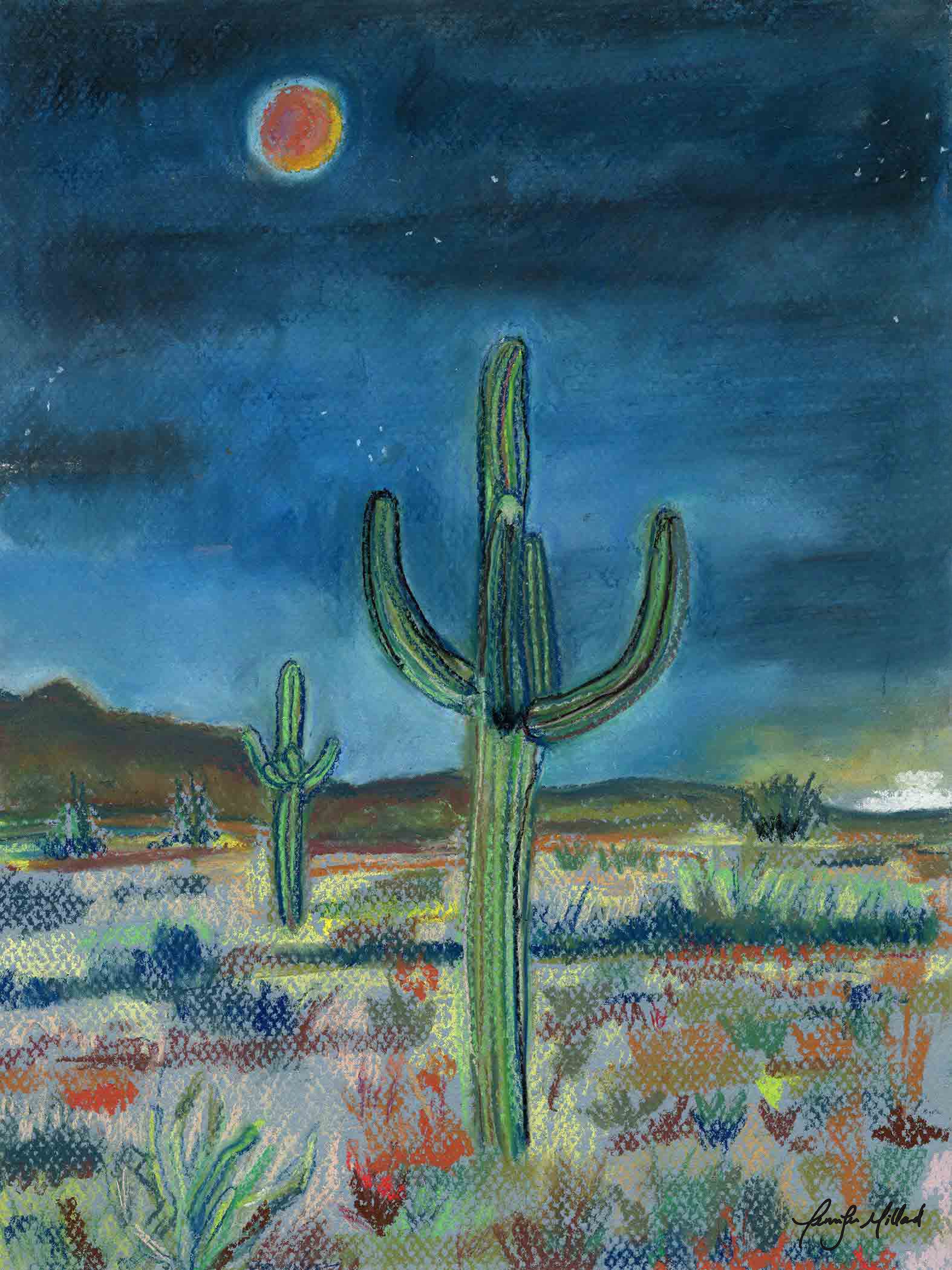 Giclee print art of a soft pastel of two cactus in the desert at night with a moon overhead.