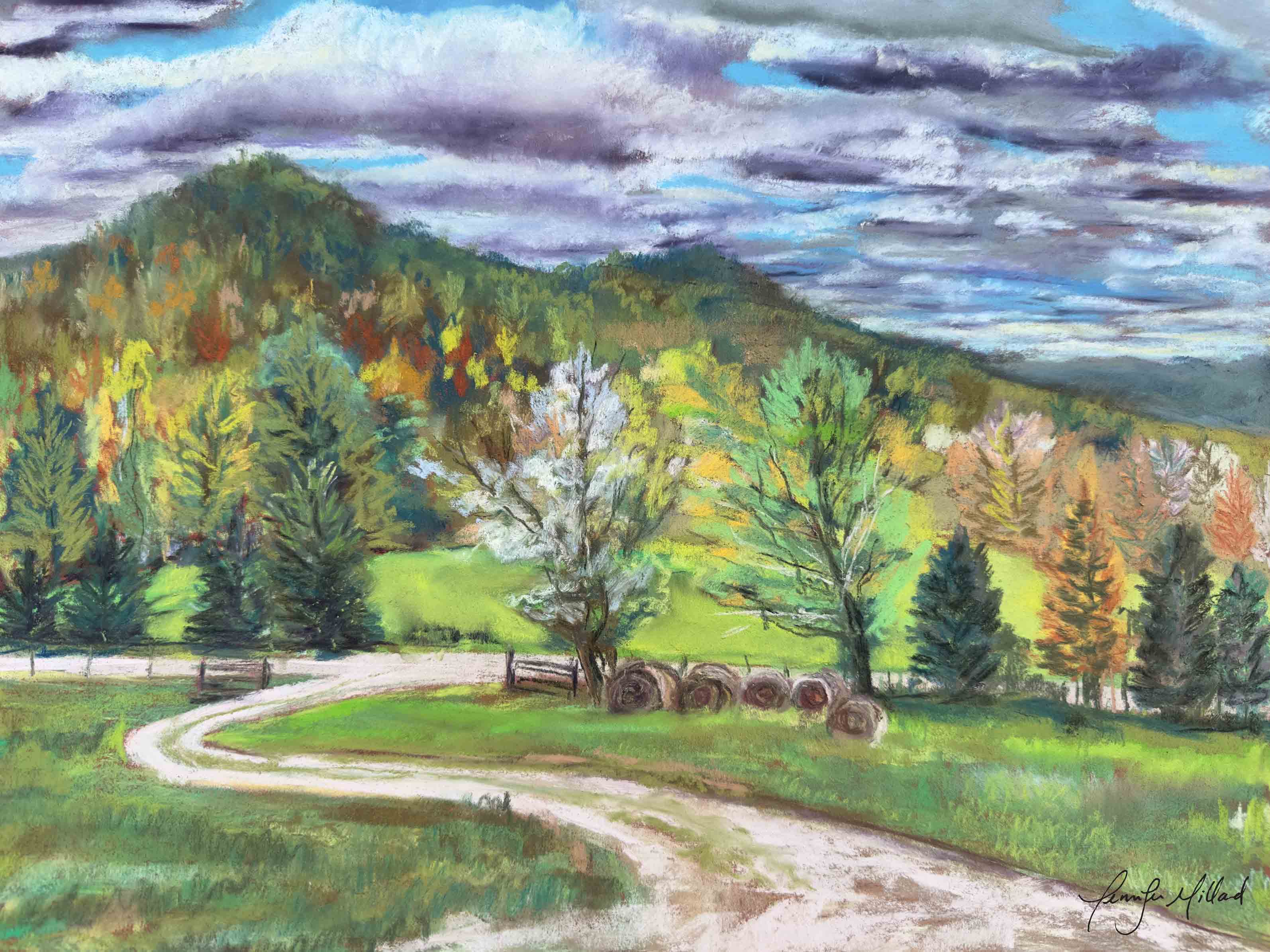 Soft pastel painting of hills outside of Gravel Switch, Kentucky.