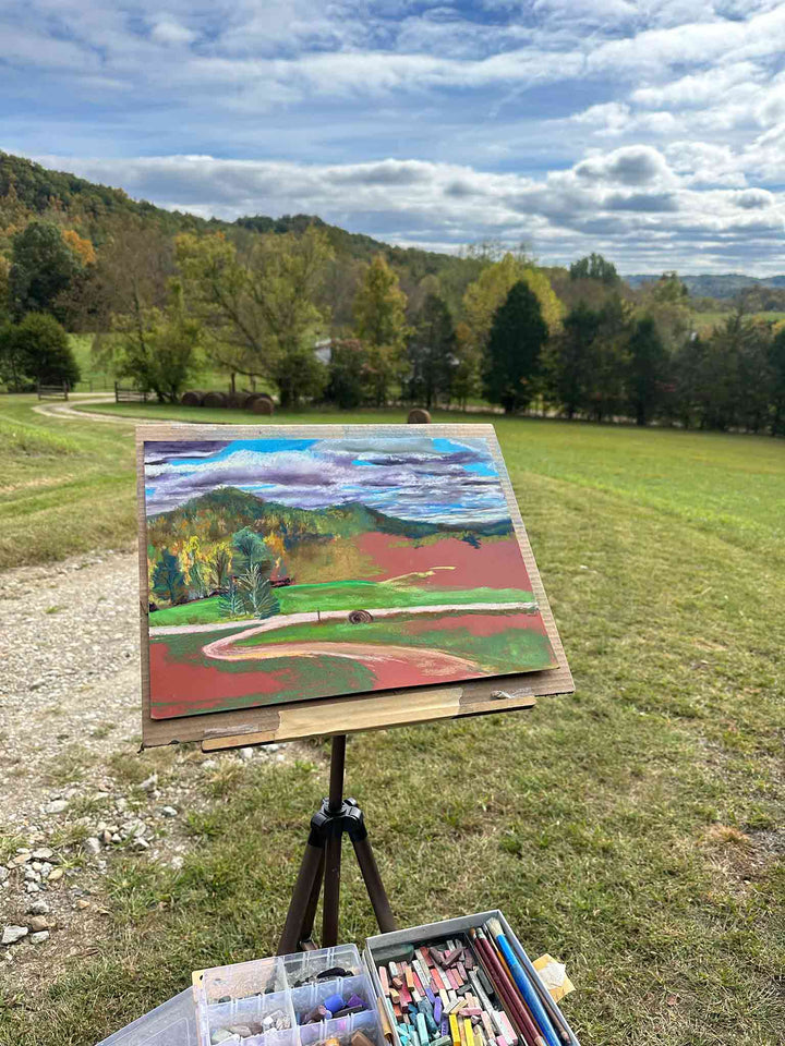 A painting in progress of hills outside of Gravel Switch, Kentucky.
