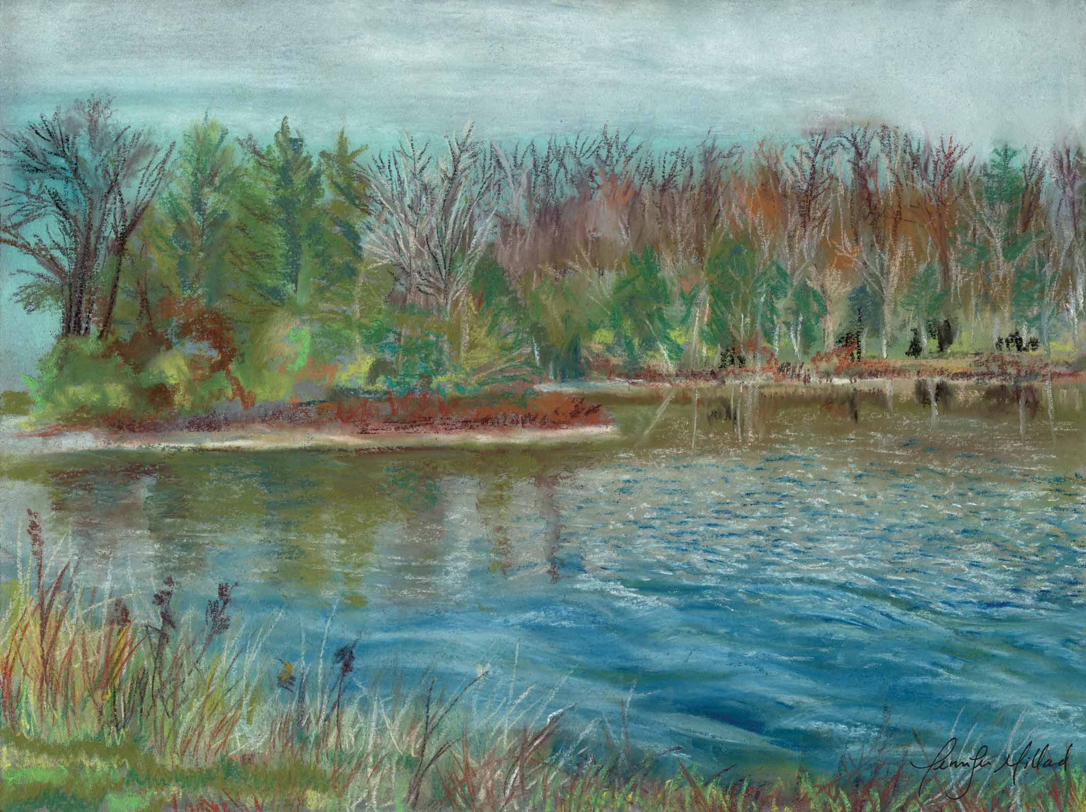 Fall colors of browns, maroon reds and greens at Lake Reba were painted using soft pastels.