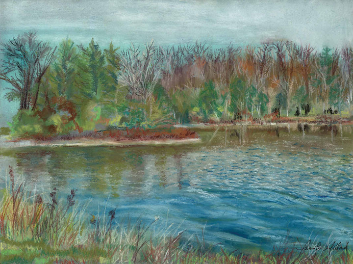 Fall colors of browns, maroon reds and greens at Lake Reba were painted using soft pastels.