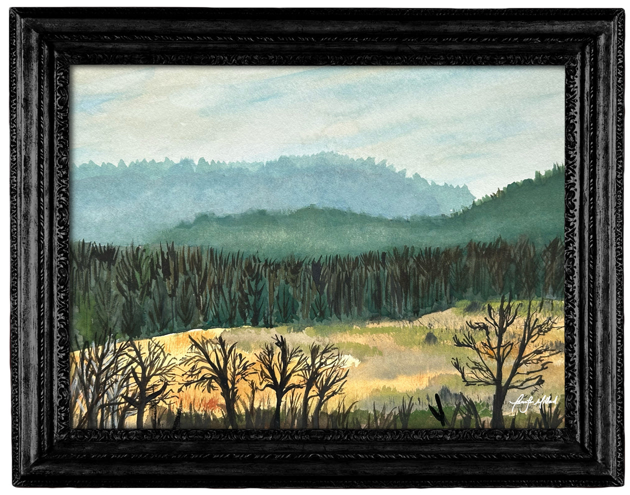Fine art print of a watercolor of the winter forest in Kentucky in an ornate black frame.