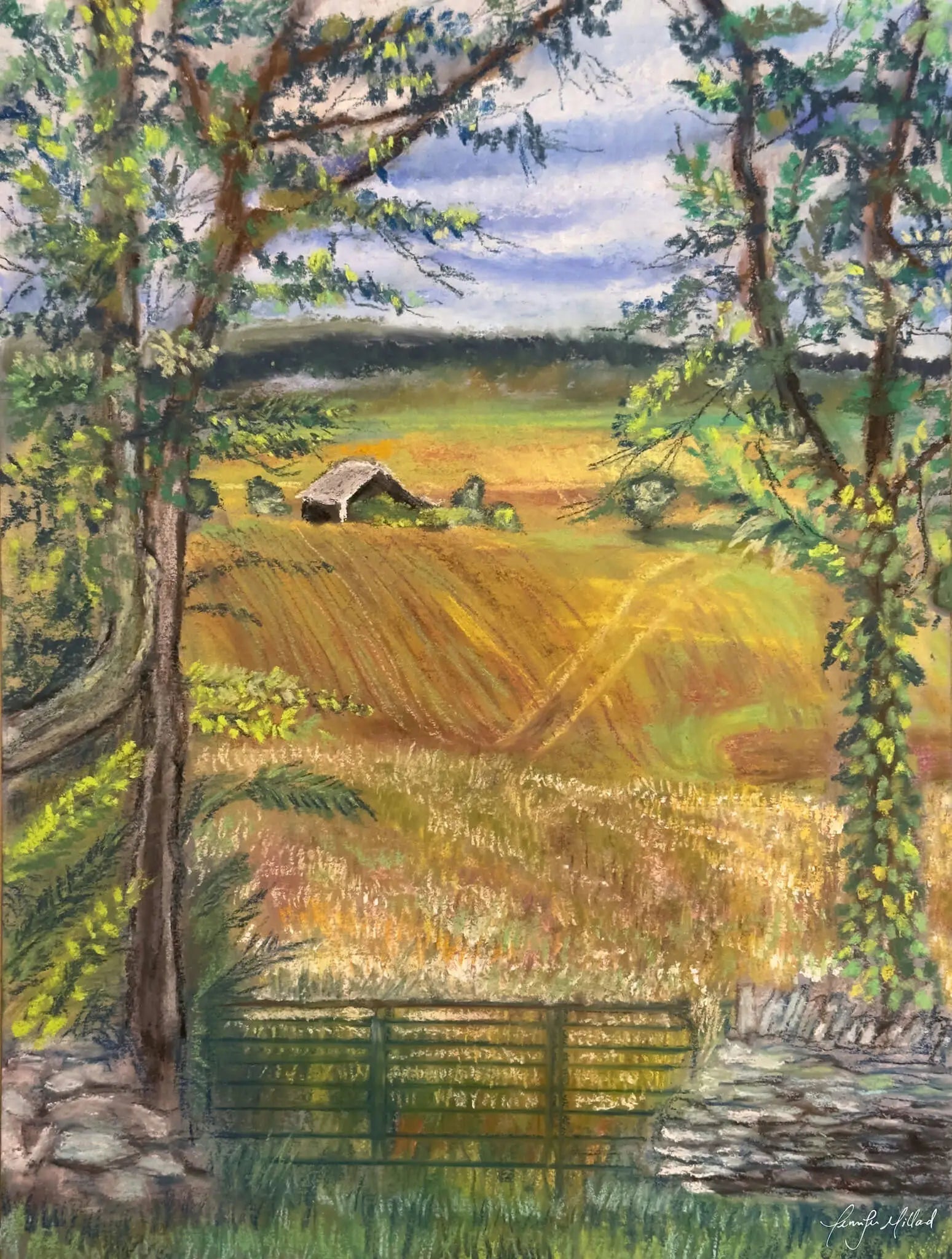 Giclee print of a soft pastel painting of golden farmland over rolling hills into the distance.