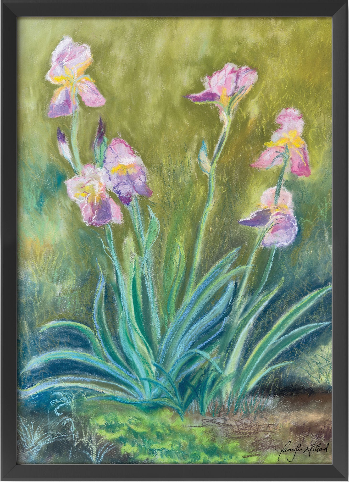 An giclee print of irises in a black frame.