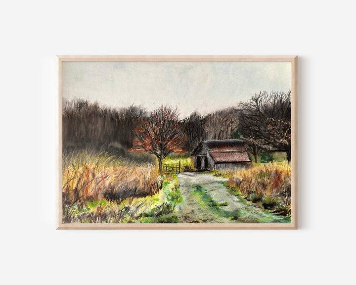 A rugged oil pastel print of Twin Creek Road in eastern Kentucky in the winter with a barn, dark woods and bright yellow winter grass.