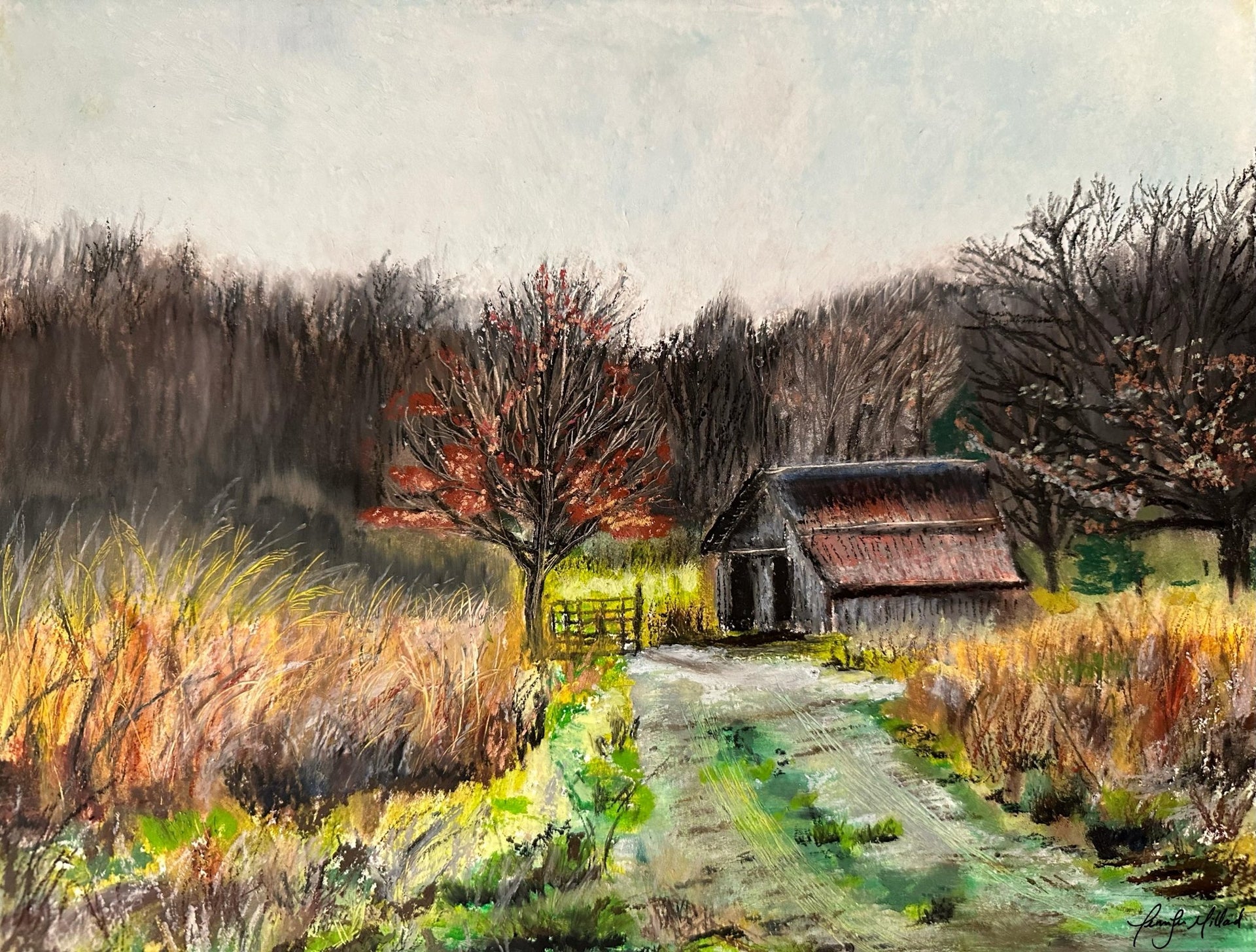 A rugged oil pastel print of an old barn off Twin Creek Road in Estill County, Kentucky.