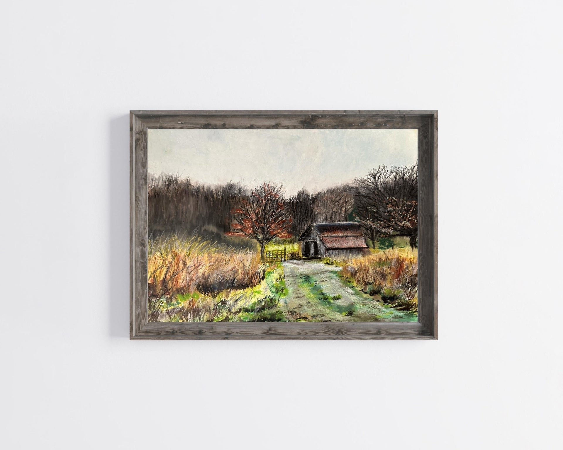 A rugged oil pastel print of Kentucky in the winter with a barn, dark woods and bright yellow winter grass fields.