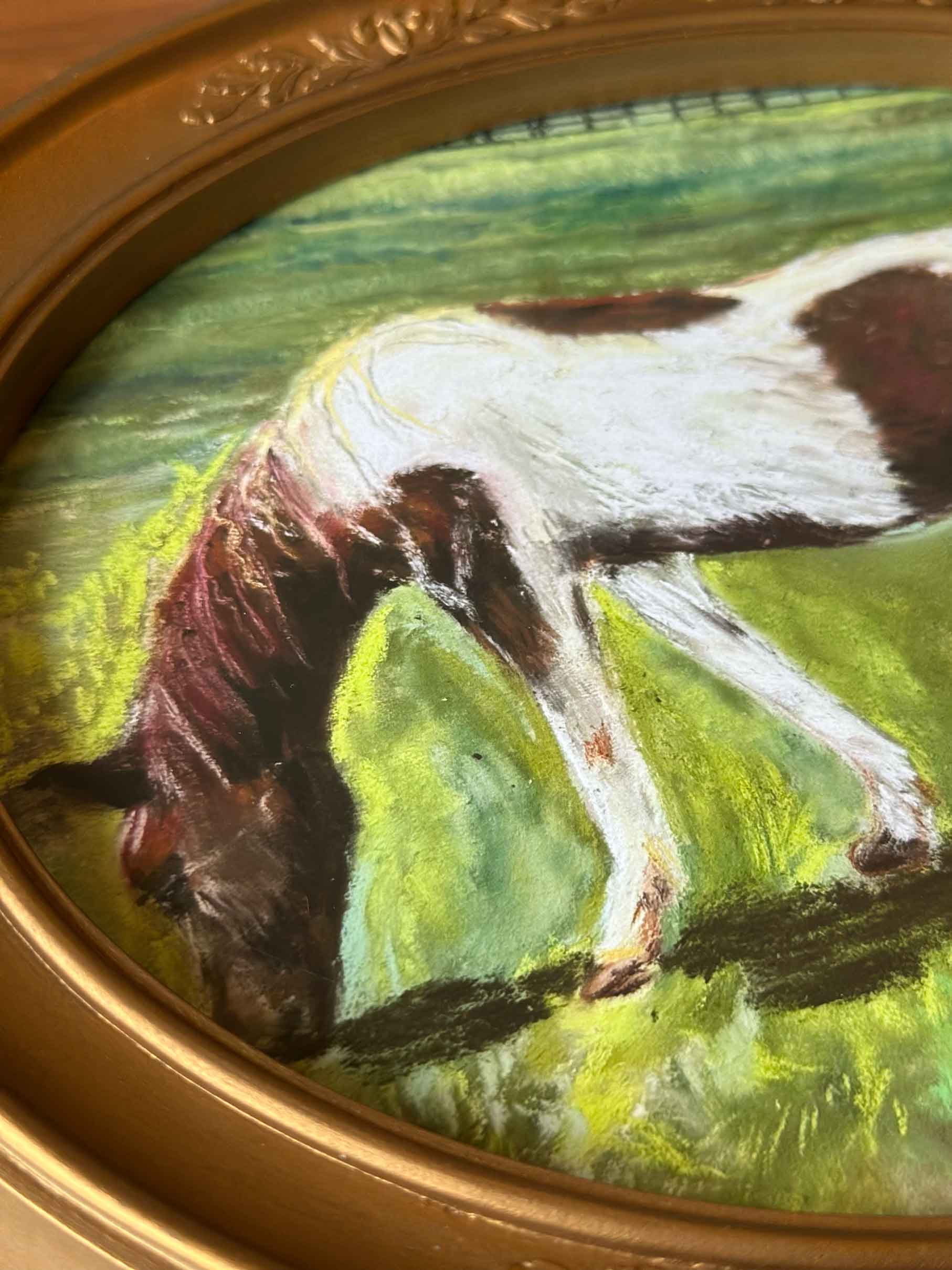 An up-close view of this pretty brown and white horse in early spring, under glass in a vintage oval frame.