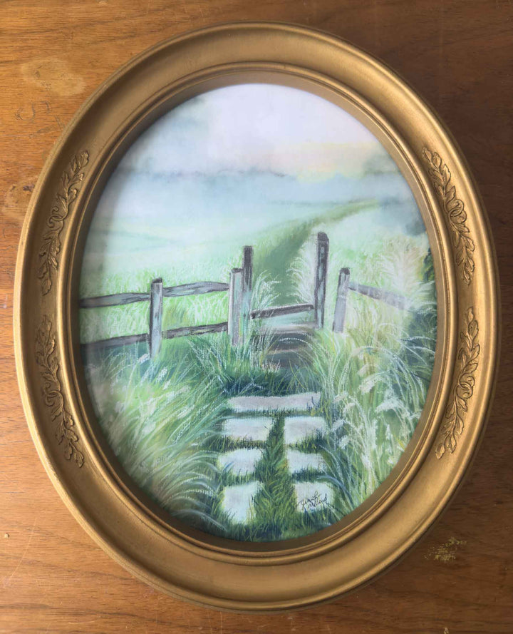 This print of a painting depicts a foggy morning in a vintage oval frame, ready for wall hanging.