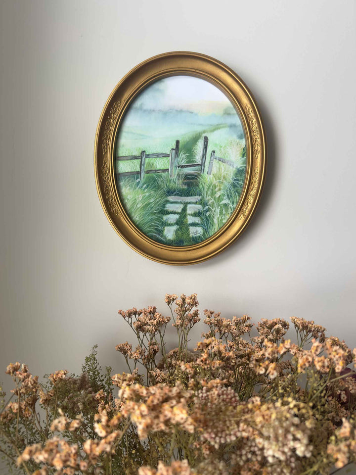 A misty morning awaits you in this giclee print of the "Early to the Field" painting that depicts a foggy morning in the country. This print is now available in this vintage oval frame, ready for wall hanging.